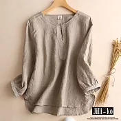 【Jilli~ko】日系女裝七分袖棉麻襯衫刺繡亞麻感上衣 J8730　 FREE 麻色