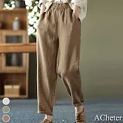 【ACheter】復古文藝亞麻感鬆緊腰顯瘦純色休閒褲#111930- XL 卡其