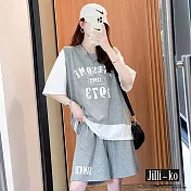 【Jilli~ko】兩件套夏季新款時尚短袖T恤寬鬆五分短褲休閒運動服套裝 J8768　 FREE 灰色