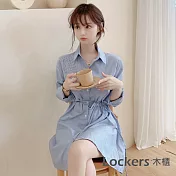 【Lockers 木櫃】春夏中長款條紋收腰繫帶連衣裙 L111031502 M 藍條紋