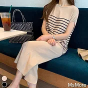 【MsMore】韓國代購款條紋涼爽針織2件式寬褲套組#112104- FREE 杏