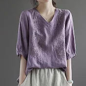 【ACheter】日本宮廷復古文藝棉麻刺繡上衣#112153- L 紫