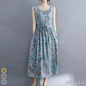 【ACheter】莫內花園大碼碎花收腰棉麻背心洋裝#112211- L 藍