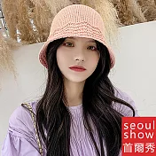 seoul show首爾秀 亞麻波紋韓版漁夫草帽防曬遮陽水桶帽 粉色