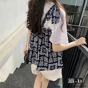 【Jilli~ko】夏季假兩件吊帶拼接計感百搭氣質寬鬆T恤 J8888　 FREE 藍色
