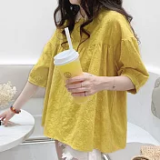 【ACheter】 日本系寬鬆緹花棉麻娃娃襯衫上衣# 112296 L 黃色