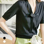 【Lockers 木櫃】春夏蝴蝶結V領短袖上衣 L111042102 F 黑色