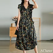 【ACheter】 柿柿如意碎花寬鬆V領系帶顯瘦洋裝# 112307 L 黑色