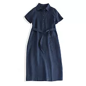 【ACheter】 日系棉麻翻領寬鬆A型系帶襯衫洋裝# 112425 M 藏青色