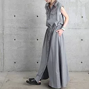 【ACheter】 日式無袖口袋裝飾無袖中長款休閒翻領洋裝# 112696 L 藍色