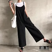 【Jilli~ko】韓系復古百搭休閒吊帶寬鬆闊腿連體褲 J9028　 FREE 黑色