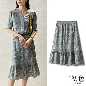 【初色】獨特印花雪紡魚尾裙-藍色-61590(M-XL可選) M 藍色