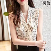 【初色】V領印花飄帶無袖雪紡衫-白色-61298(M-2XL可選) L 白色
