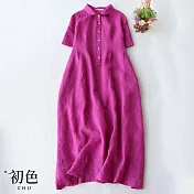 【初色】收腰娃娃衣領短袖亞麻洋裝-共2色-61575(M-2XL可選) M 紅色