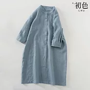 【初色】亞麻風純色休閒襯衫連衣裙-共3色-60671(M-2XL可選) M 淺藍色