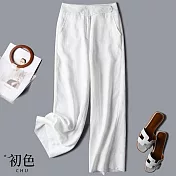 【初色】亞麻風高腰垂墜感闊腿褲-共3色-60758(M-2XL可選) M 白色