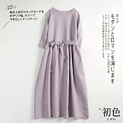 【初色】亞麻風圓領連衣裙-共2色-60745(M-2XL可選) XL 紫色