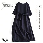 【初色】亞麻風圓領連衣裙-共2色-60745(M-2XL可選) M 藏青色