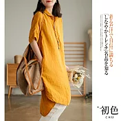 【初色】復古文藝亞麻風中長版襯衫連衣裙-共5色-60930(M-2XL可選) M 黃色