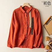 【初色】亞麻風復古工裝襯衫-共3色-60669(M-2XL可選) M 紅色