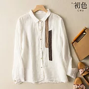 【初色】亞麻風復古工裝襯衫-共3色-60669(M-2XL可選) M 白色