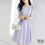 【初色】時尚輕薄純色韓版寬鬆圓領短袖連身洋裝-紫色-61842(M-2XL可選) 2XL 紫色