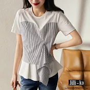 【Jilli~ko】夏季新款韓版設計感不規則拼接條紋打結短袖T恤 J9024　 FREE 白色