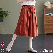 【ACheter】 鬆緊腰系帶文青休閒棉麻五分褲裙# 112808 L 橘紅