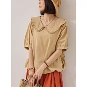 【慢。生活】日系空氣感寬版荷葉邊翻領抽繩上衣 77584  FREE 卡其色