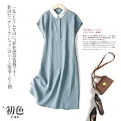 【初色】簡約棉麻風層次翻領洋裝-共4色-61979(M-2XL可選) M 藍色