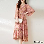 【MsMore】 獨家設計飄逸顯瘦高腰雪紡天絲印花燈籠袖洋裝# 112887 M 粉橘