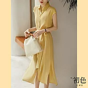 【初色】淡雅綁帶連身長洋裝-淡黃色-62066(M-XL可選) M 淡黃色