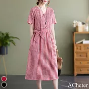 【ACheter】韓版寬鬆大碼女裝系帶收腰棉麻格子連衣裙#112582 XL 紅色