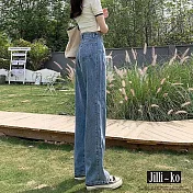 【Jilli~ko】通季新款高腰直筒垂墜感顯瘦拖地牛仔褲 M-XL J9072 M 藍色