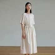 旅途原品 繫帶收腰褶皺連衣裙 M/L-XL  L-XL 米白色