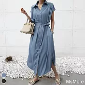 【MsMore】 韓式設計感氣質襯衫絲質洋裝# 112939 FREE 藍色