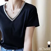 【ACheter】 韓版修身顯瘦V領T氣質百搭上衣# 112923 M 黑色