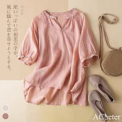 【ACheter】 日系繡花V領涼涼風棉麻上衣# 113011 M 粉紅色