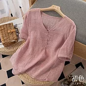 【初色】簡約棉麻風中大碼寬鬆短袖襯衫上衣-共4色-62212(M-2XL可選) XL 粉色