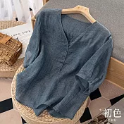【初色】簡約棉麻風中大碼寬鬆短袖襯衫上衣-共4色-62212(M-2XL可選) M 藍色