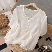 【初色】簡約棉麻風中大碼寬鬆短袖襯衫上衣-共4色-62212(M-2XL可選) M 白色
