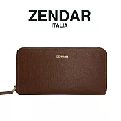 【ZENDAR】臺灣總代理 限量1折 頂級小牛皮防刮十字紋拉鍊皮夾 卡門系列 全新專櫃展示品 琥珀色