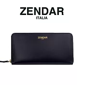 【ZENDAR】臺灣總代理 限量1折 頂級小牛皮素面LOGO拉鍊皮夾 莉亞系列 全新專櫃展示品 黑色