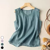 【ACheter】 麻花邊刺繡棉麻小背心上衣# 113038 L 藍色