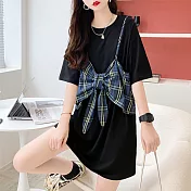 【MsMore】 假兩件蝴蝶格子拼接棉T寬鬆洋裝# 113194 XL 黑色