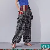 潘克拉 | 泰國大象圖紋花布半鬆緊手工織口袋中性款燈籠褲 TM1356 FREE 黑色