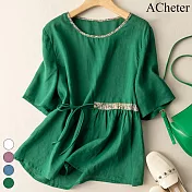 【ACheter】 復古短袖棉麻寬鬆系帶T短版上衣# 113403 XL 綠色