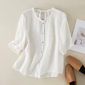 【ACheter】 文藝棉麻五分袖寬鬆襯衫短版上衣# 113407 L 白色