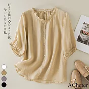 【ACheter】 文藝棉麻五分袖寬鬆襯衫短版上衣# 113407 L 黃色
