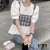 【Jilli~ko】韓版時尚質感格紋馬甲造型泡泡袖上衣 J9221  FREE 白色